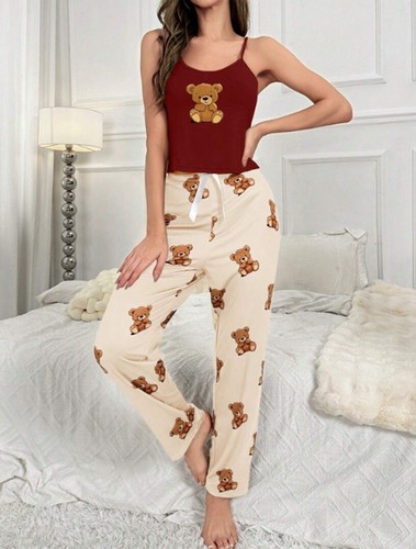 Ensemble Pyjama avec Haut Caraco et Pantalon Long Imprimé Ours ivoire/bordeaux - Picture 3 of 5