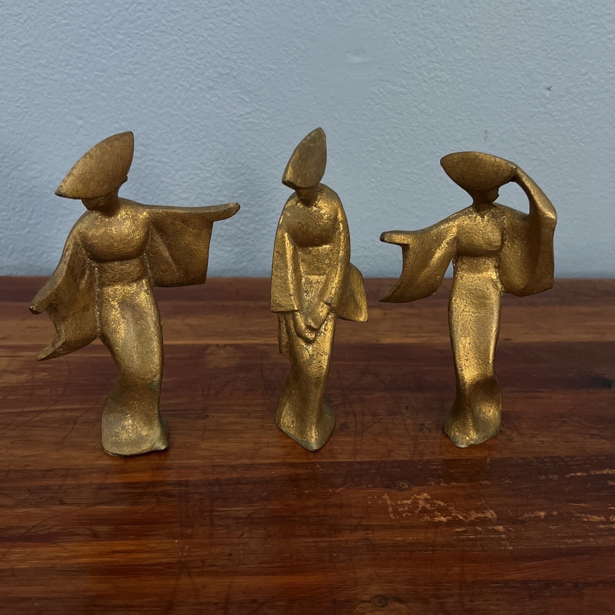 Vintage James Mont MCM Set 3 Geisha Cast Iron Figures Gilt Unique
