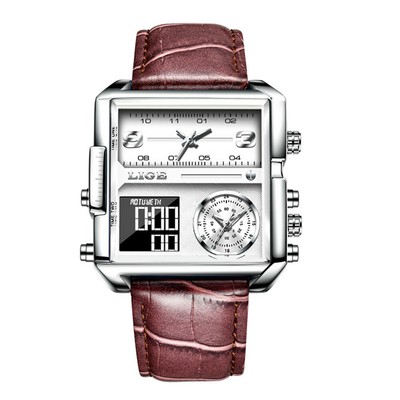 LIGE Brand Men LED Watches Square Large Dial Quartz Digital Dual Time Wristwatch