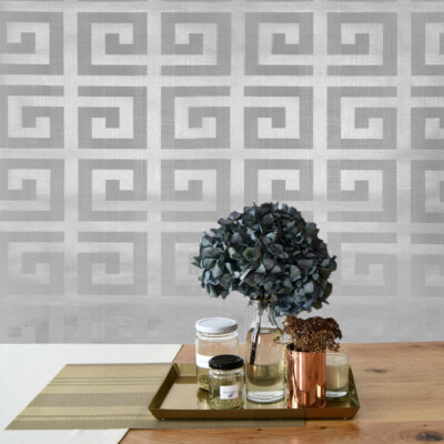 Geometric gray silver metallic matte greek key textured geo wallpaper 3D CR33400