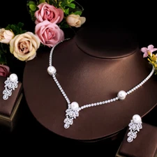 Long Pearl Drop Jewelry Set CZ White Gold Plated Cubic Zircon Fashion Jewellery