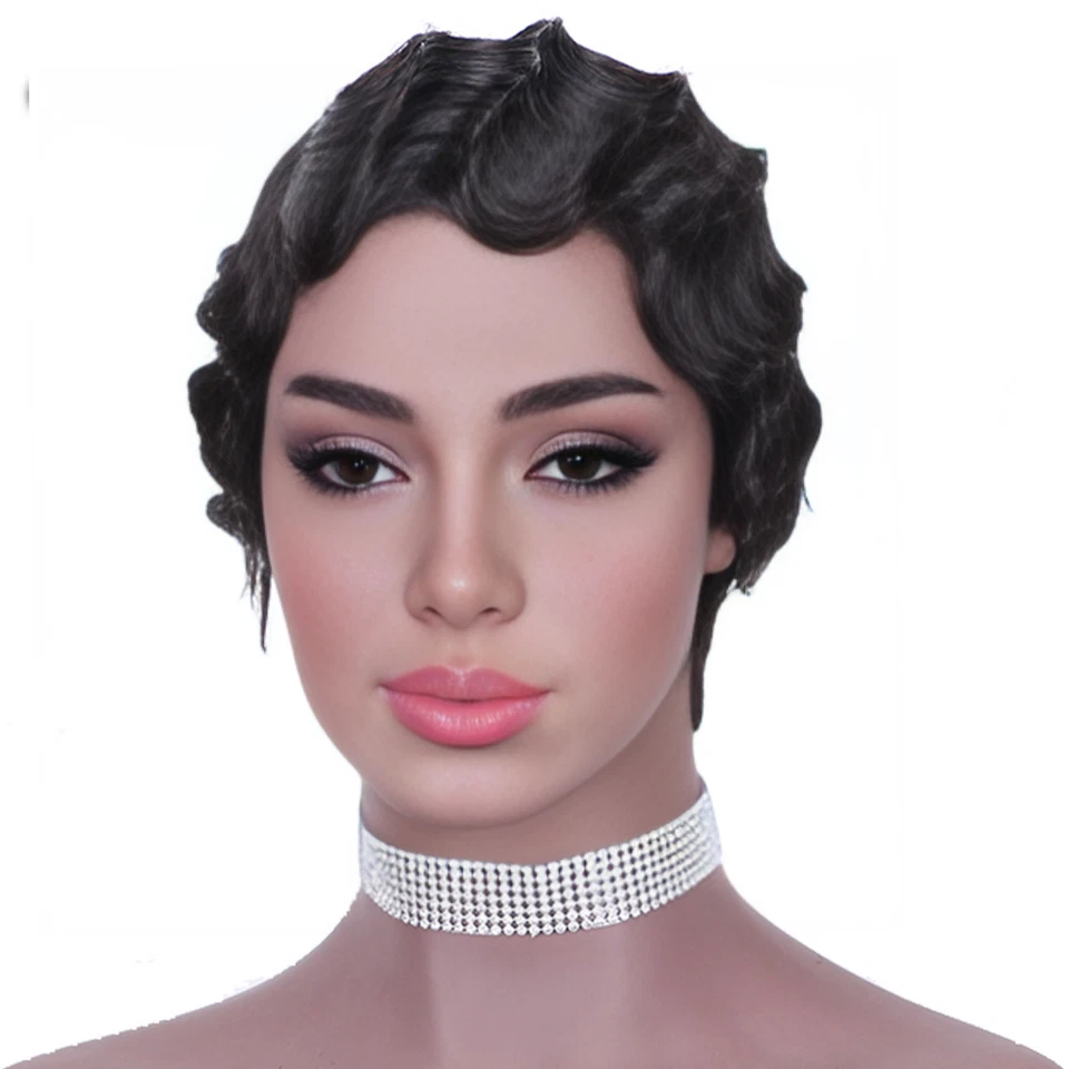 Pelucas retro de cabello humano de pelo corto ondulado de agua totalmente hechas a máquina Foto 2 de 4