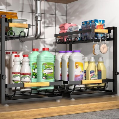 2 Packs Under Sink Organizer, Height Adjustable 2 Tier Under Kitchen Sink Org...