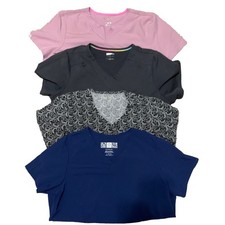Lot Of 4 Womens Scrub Tops Solid Colors V-Neck Short Sleeve Pockets Sz L