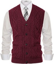 Men's V-Neck Sweater Vest Sleeveless Cable Knit Casual Button Down Pullover Top