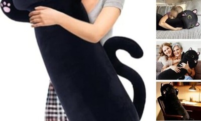 Long Body Pillow for Kids, 44'' Big Kitten Plush for Adults, Big Black Cat