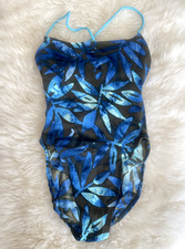 Vintage NIKE Blue Brown Floral One Piece Swimsuit w/ Built-In Bra Size 10