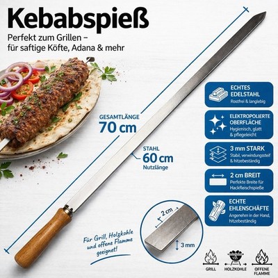 3mm Kebab Spieße Edelstahl 70cm   2cm breit Grillspieße mit Holzgriff rostfrei