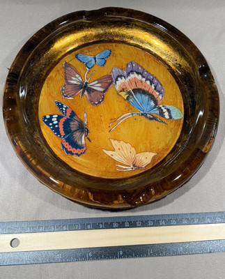 Painted W/Butterflies  Felt Lined Backing Beautiful Change Jewelry Ashtray Redid