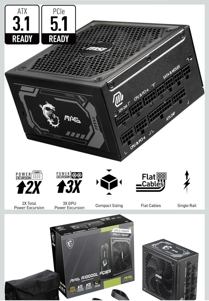 MSI MAG A1000GL PCIE 5 Gaming Power Supply ATX 3.1 & PCIE 5.1 80+ Gold 1000 Watt - Image 3 of 4