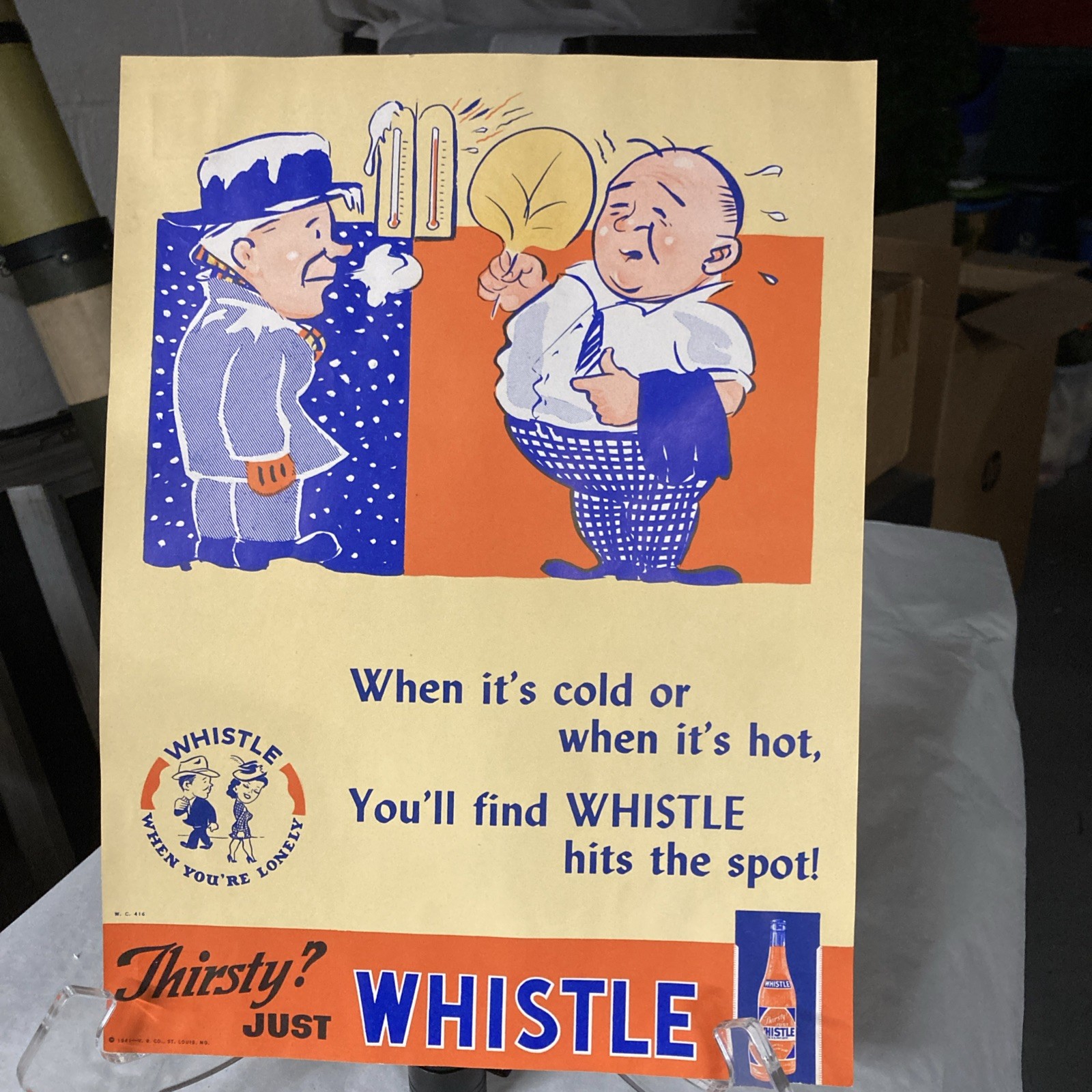 Vintage 1941 Whistle Soda Pop Paper Sign 10x13 1/4”