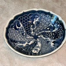 Japanese Hand Painted 10" Imari Arita Blue White Bowl Porcelain Traditional