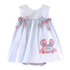 Petit Ami Light Blue Red Sun Dress Set w/Crab Applique and Bows 12 18 24 Months