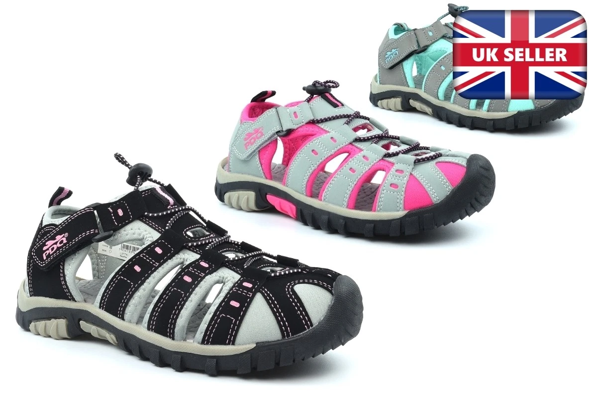 PDQ Womens Closed Toe Sandals Girls Sandals Touch Fastening Fuchsia/Mint/Black