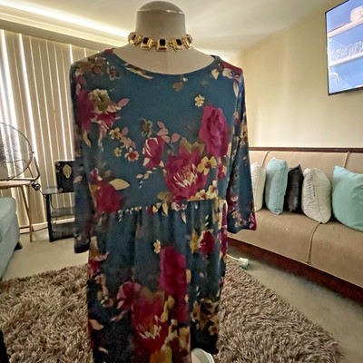 Sew in Love Women's Blue Floral Babydoll Whimsical Fairy 3/4 Sleeve Top XL Work