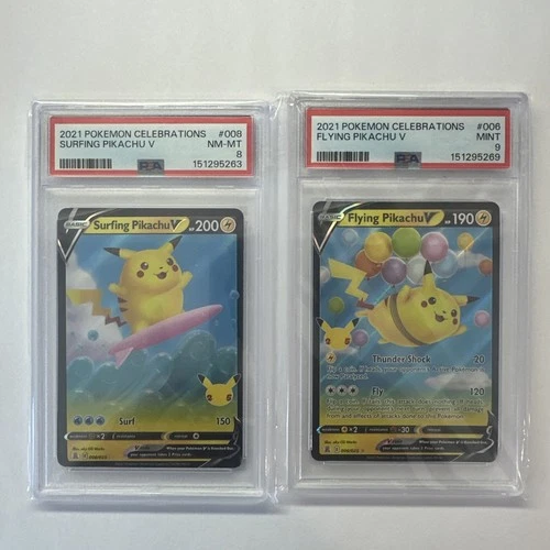 2021 Pokemon Celebrations Surfing Pikachu V 008 PSA 8+ Flying 006 PSA 9