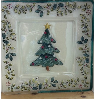 Pfaltzgraff Winterberry Square Glass Platter Painted Tree 14'' Note!14''-Note!