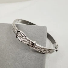 Silver Tone Hinged Bangle Bracelet Buckle Belt Safety Catch Clear Stones 7"