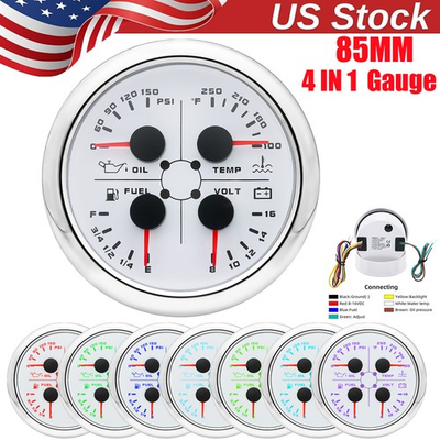 #ad 85mm 4 In 1 Gauge Fuel Level 240 33ohm Oil Pressure Water Temp Volt For Boat Car $45.60