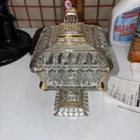 “Vintage Jeanette Glass Clear Wedding Cake Box Pedestal Candy Dish Lid Gold Trim