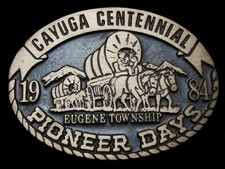 LA21138 VINTAGE 1984  CAYUGA CENTENNIAL  EUGENE TOWNSHIP SOLID BRONZE BUCKLE