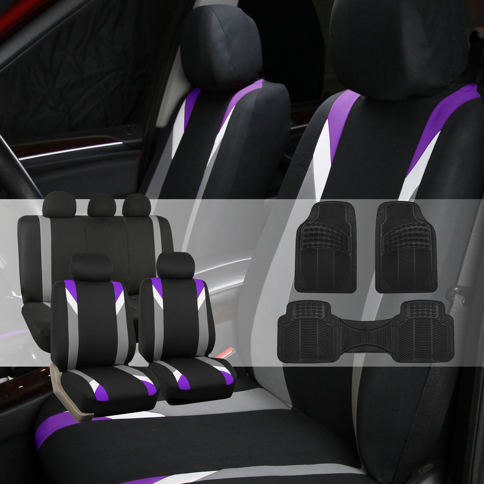 Car Seat Cover Set For Auto Sporty Purple W/ Rubber Floor Mats-image
