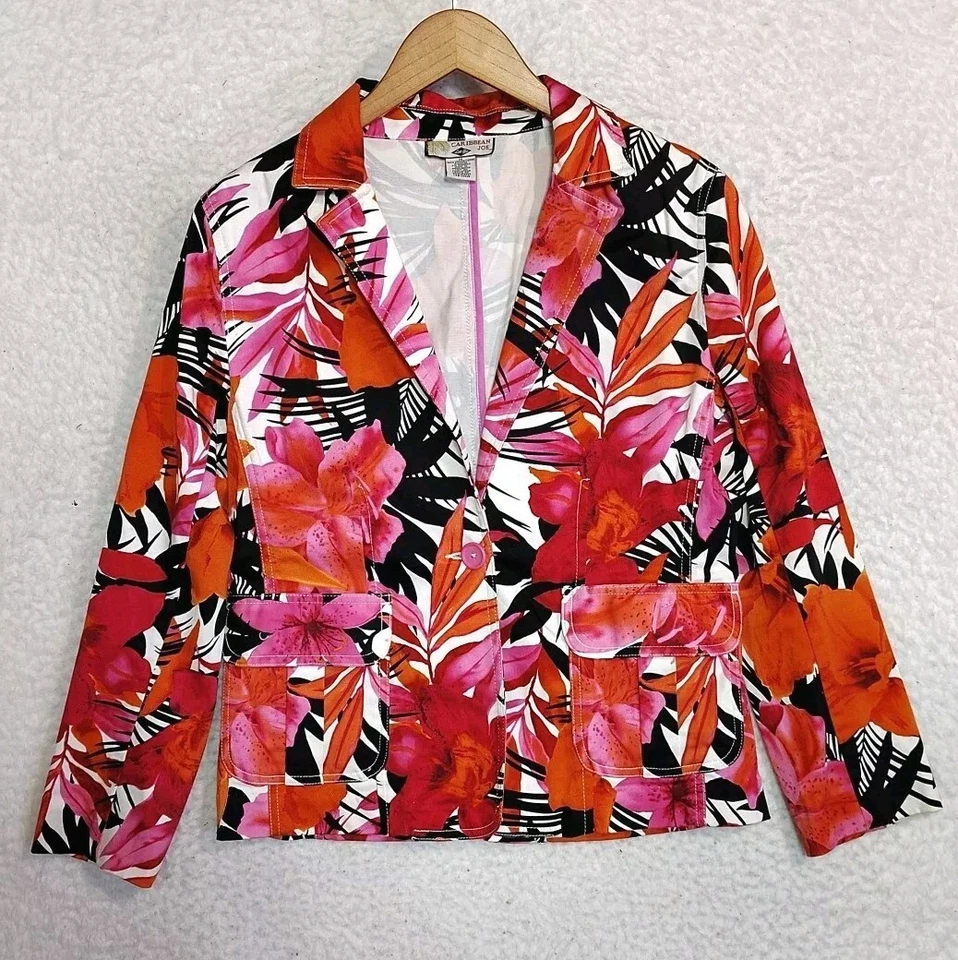 Chaqueta Blazer Mujer Caribbean Joe Talla M Roja Negra Rosa Naranja Tropical Floral Foto 3 de 4
