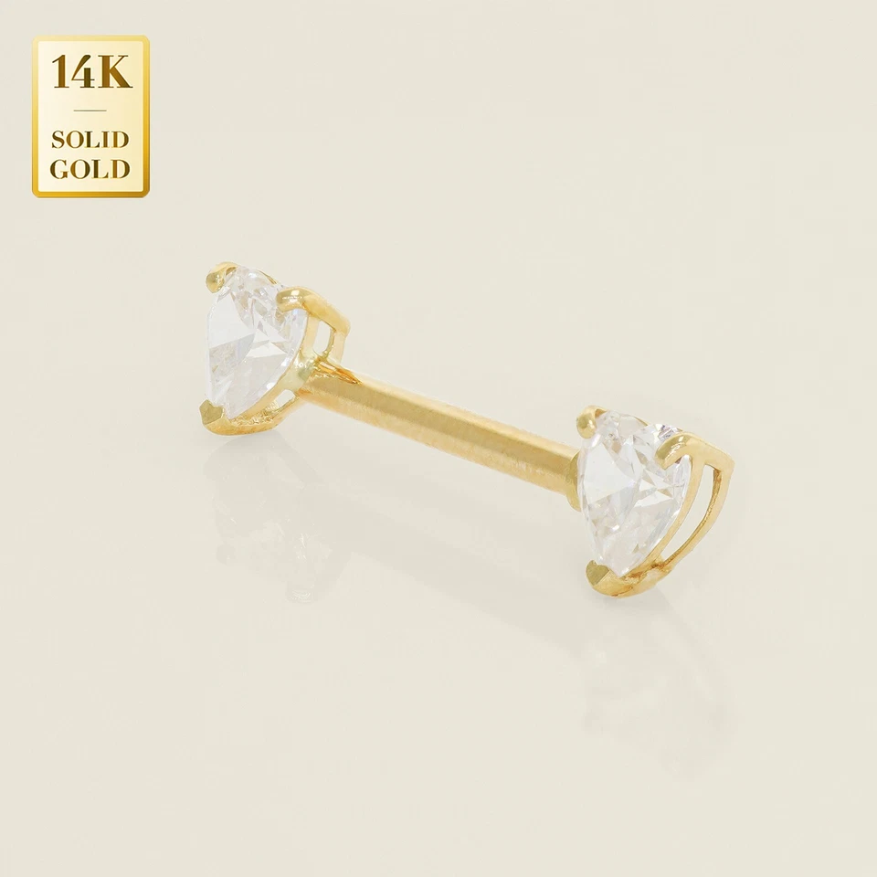 14K Solid Gold Cubic Zirconia CZ Heart Straight Barbell Nipple Piercing 14g - Image 2 of 3