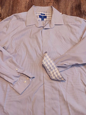 KO Egara Shirt Mens 2XL Blue Check Long Sleeve Button Flip Cuff Non Iron Cotton+
