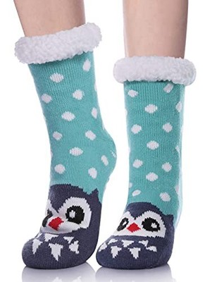  Fuzzy Slipper Socks For Women with Grippers Winter Warm One Size Blue Owl