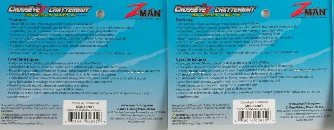 (LOT OF 2) Z-MAN CROSSEYEZ CHATTERBAIT 1/2OZ CBCE12-08 MOUSERAT BN1315 - Image 2