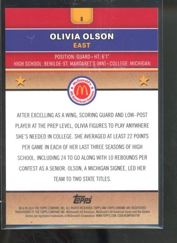 2024 Topps Chrome McDonald's Olivia Olson Gold /50 #8 - Foto 2 di 2