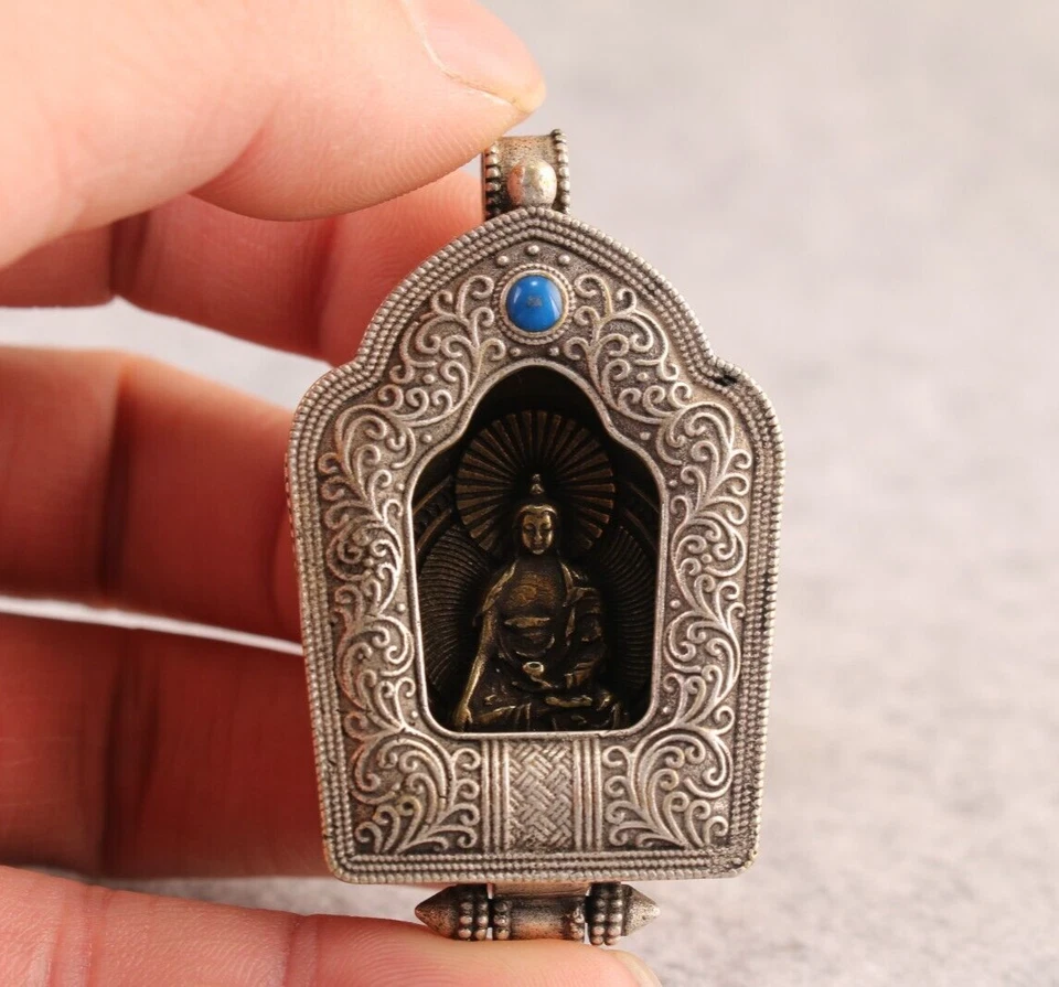 Bendición Asiática Tíbet Plata Buda Estatua Netsuke Coleccionable Colgante Caja Arte Foto 2 de 4