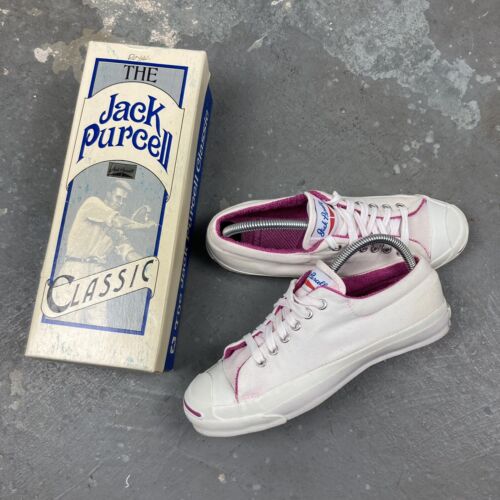 Vintage Converse Jack Purcell Classic Shoe Sneaker White Raspberry 7.5 USA MADE - Picture 1 of 12