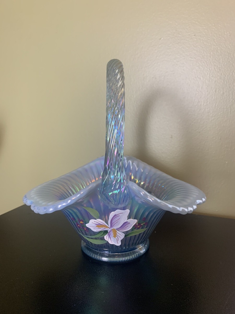 Fenton Blue Opalescent Ruffled Glass Basket Signed Painted Flowers