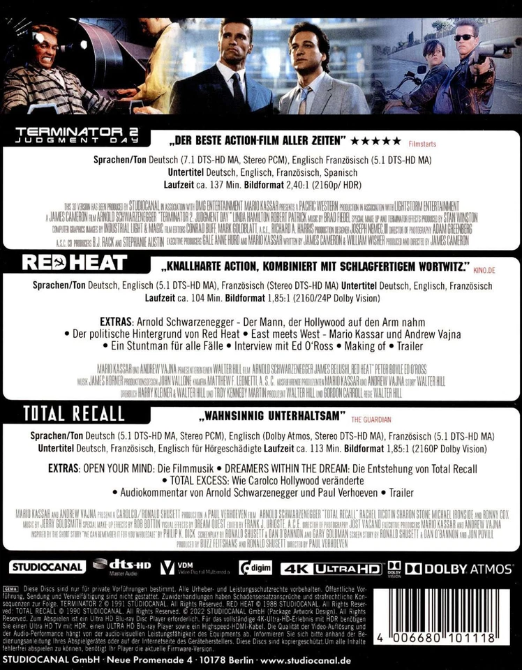 3x uncut 4K ARNOLD SCHWARZENEGGER Red Heat TERMINATOR 2 Total Recall Blu-Ray Box - Bild 2 von 2
