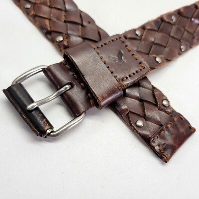 Buckle Braided Leather Studded Brown Belt Y2K Old Navy Braided Belt Medium Studded Genuine Leather  main image 4