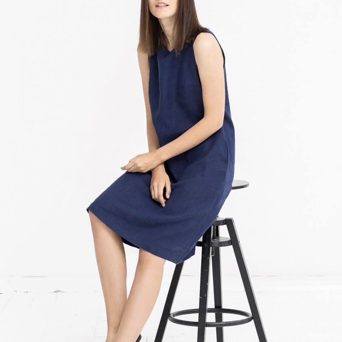 100% Linen Sleeveless Midi Dress Size Xs Navy Blue EUC | eBay