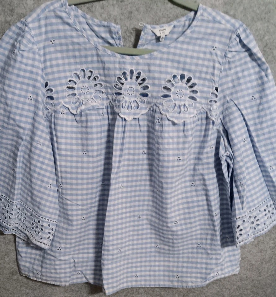 Crown & Ivy Top Womens XL Blouse 3/4 Bell Sleeve Blue Gingham Eyelet Beach EUC