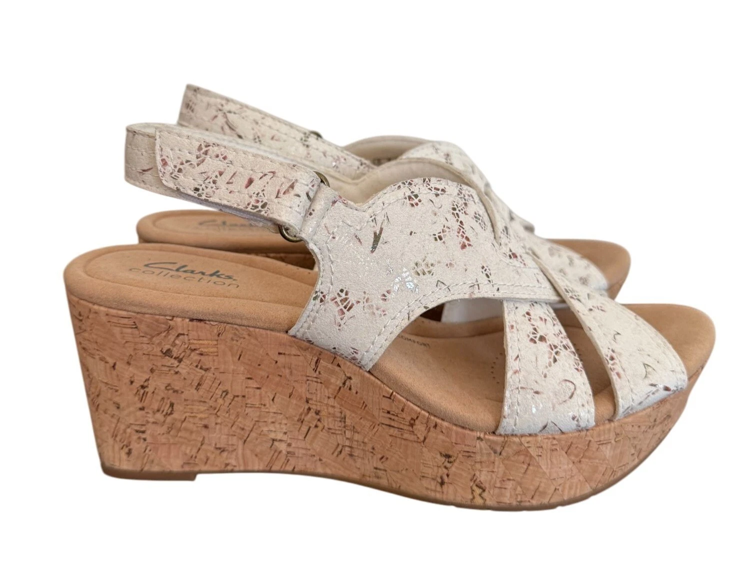 CLARKS Sandali Clark's Collection con zeppa in sughero e cinturino bianco sporco floreali taglia 8