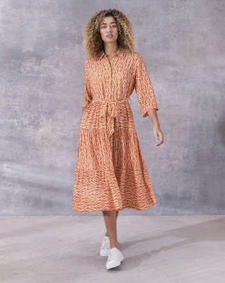 Celtic & Co Kleid Damen Gr. UK 14 Orange Blätterdruck Midi Gürtel Shirt Sommer