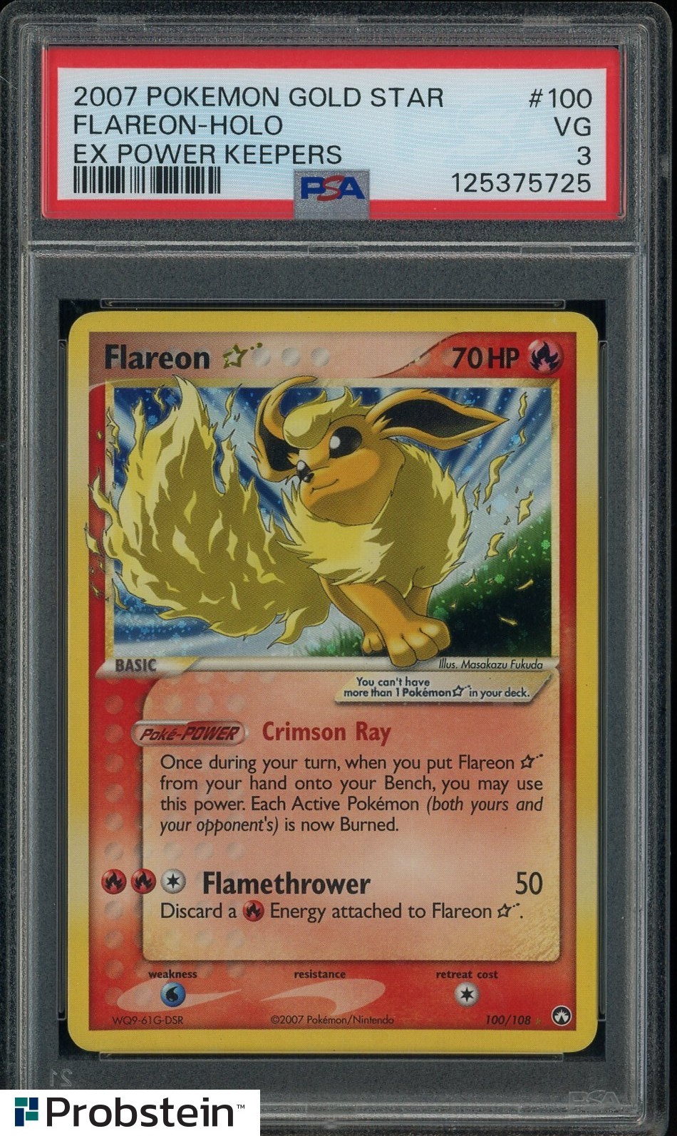 2007 Pokemon Gold Star Ex Power Keepers #100 Flareon Holo PSA 3 VG