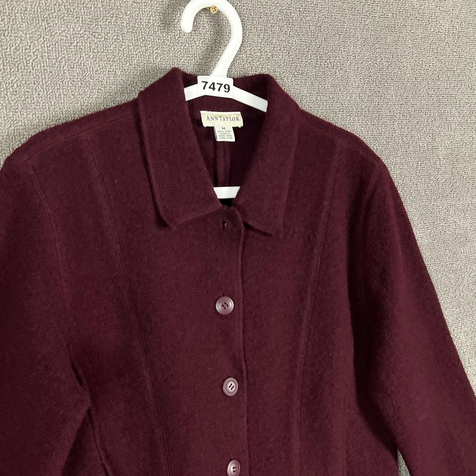 Chaqueta Ann Taylor Mujer Mediana Borgoña 100% Lana Botón Frontal Abrigo Corto Foto 4 de 4