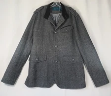 Perry Ellis Portfolio Mens Large Tweed Sport Coat Blazer Black Grey Elbow Patch