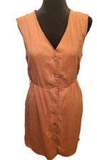 Peach Striped Sleeveless Button Up Dress Pockets sz S Trad Wife Preppy Coastal