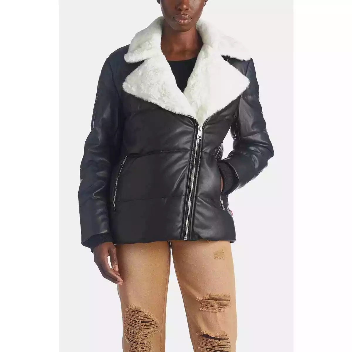 Levi s Asymmetrical Vegan Leather Moto Puffer Jacket Faux Fur Trim