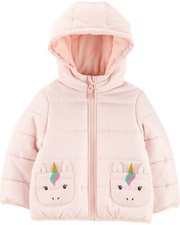 NWT - Carter's Toddler Girl Pink Unicorn Quilted Puffer Winter Jacket w. Hood 2T