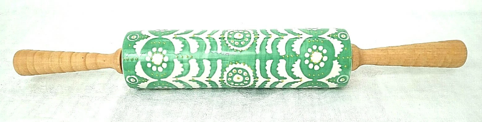 ANTHROPOLOGIE Brentanella Rolling Pin Porcelain Wood Handles Green Pastry Baking