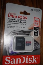 SANDISK ULTRA PLUS MICRO SD CARD W/ ADAPTER 64 GB UP TO 100 MB/S NEW