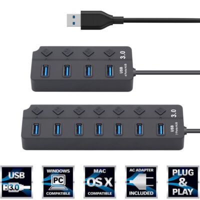 USB 3.0 Hub 4/7 Ports Splitter with Power Adapter On/Off Switch For ...